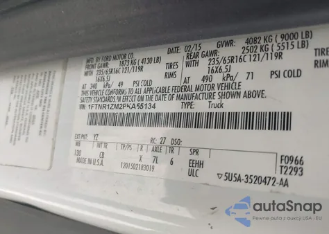 2015 Ford Transit-250 z USA, uszkodzony, nr VIN 1FTNR1ZM2FKA55134